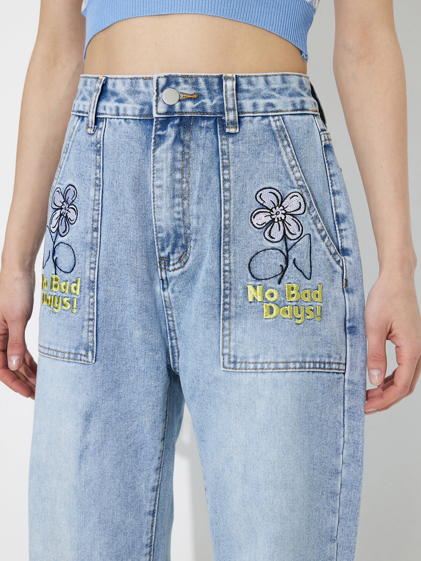 Women Clothing Straight Embroidered Loose High Waist Denim Trousers - ALZO