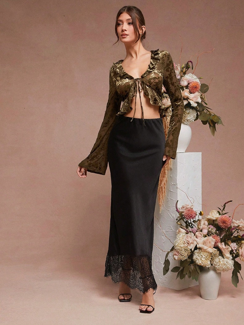 Skirt Lace Stitching Satin Satin Skirt Socialite Women Clothing - ALZO