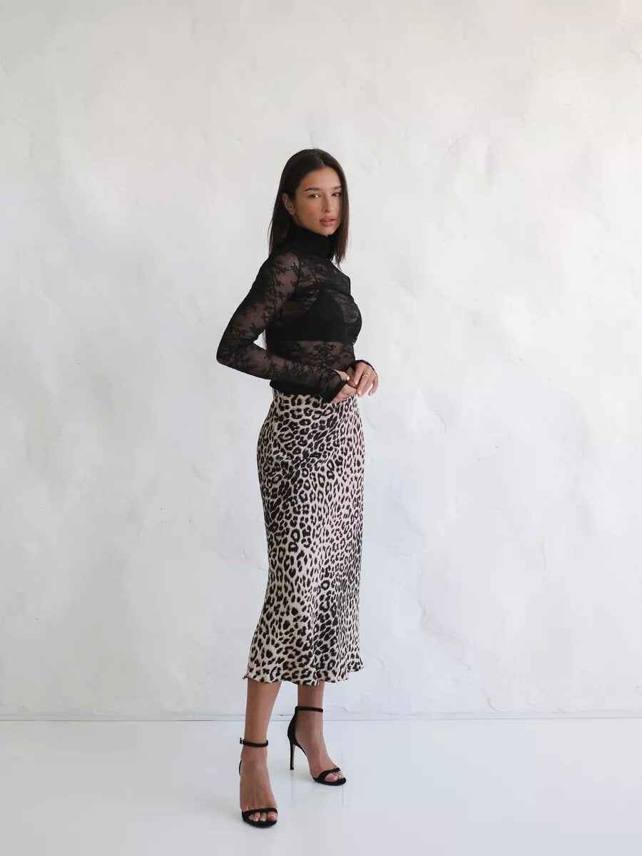Satin Skirt Sexy Leopard Print Maxi Skirt High Waist Elastic Silky Maxi Skirt