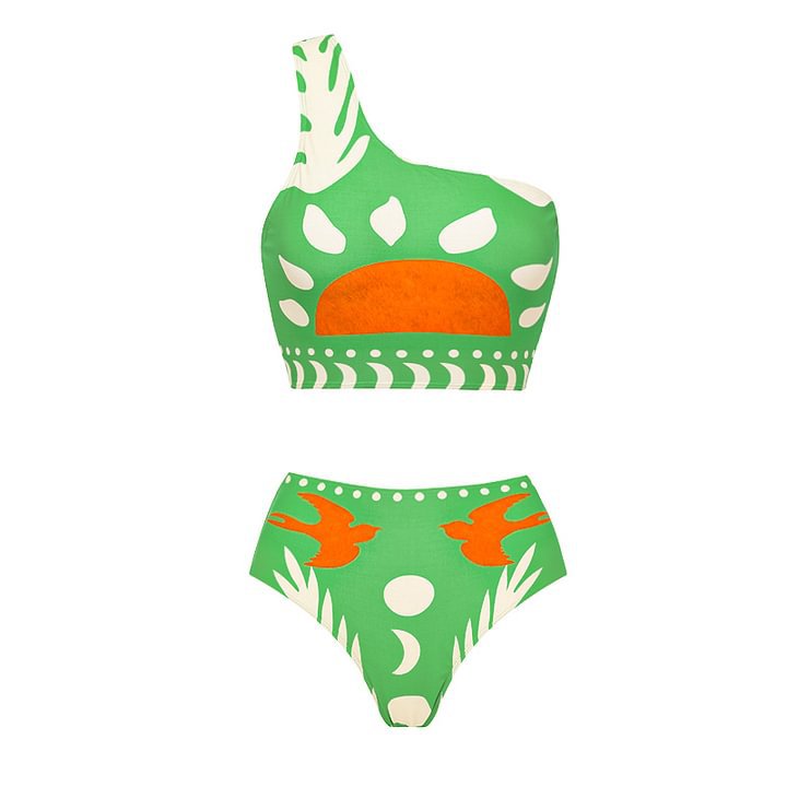 Shoulder Slimming Printed Swimsuit Women High Waist Bikini - ALZO