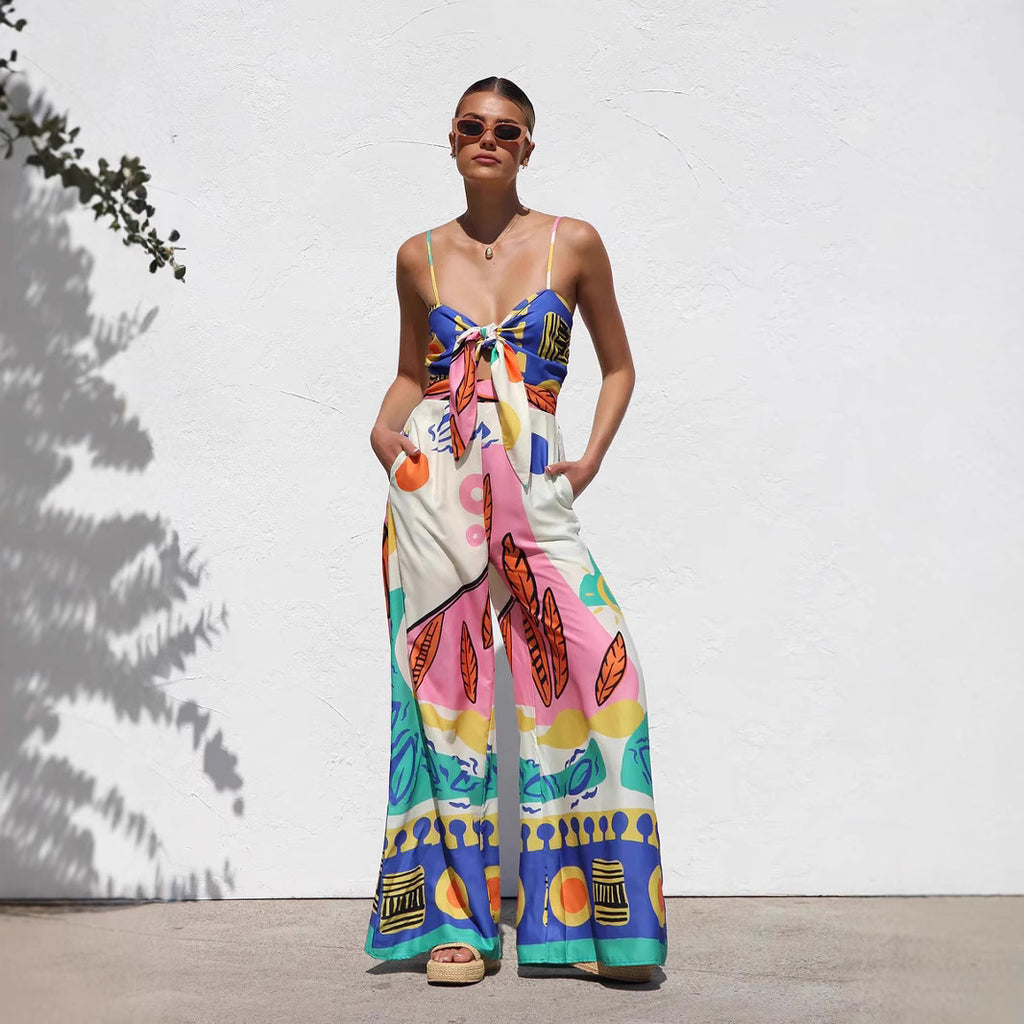 Spring Summer Printed Waist Controlled Smocking Strap Knotted Wide Leg Straight Jumpsuit - ALZO