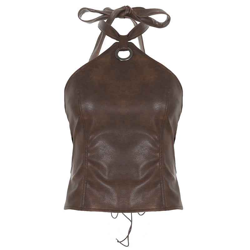 Women Clothing Vintage Brown Leather Ring Decoration Halterneck Vest Waist-Controlled Backless Lace up Top