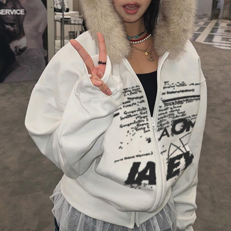 Retro Simple Letter Graphic Print Furry Stitching Hooded Cardigan Top Autumn Winter Thermal Velvet Sweatshirt Coat - ALZO