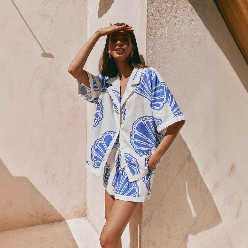 Summer Casual Loose Printed Short Sleeve V neck Home Wear Set