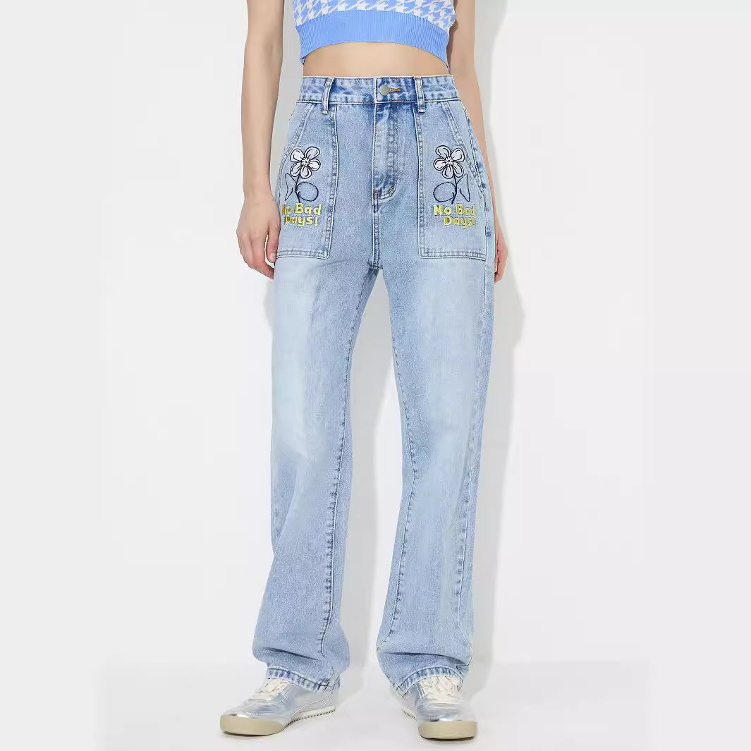 Women Clothing Straight Embroidered Loose High Waist Denim Trousers - ALZO