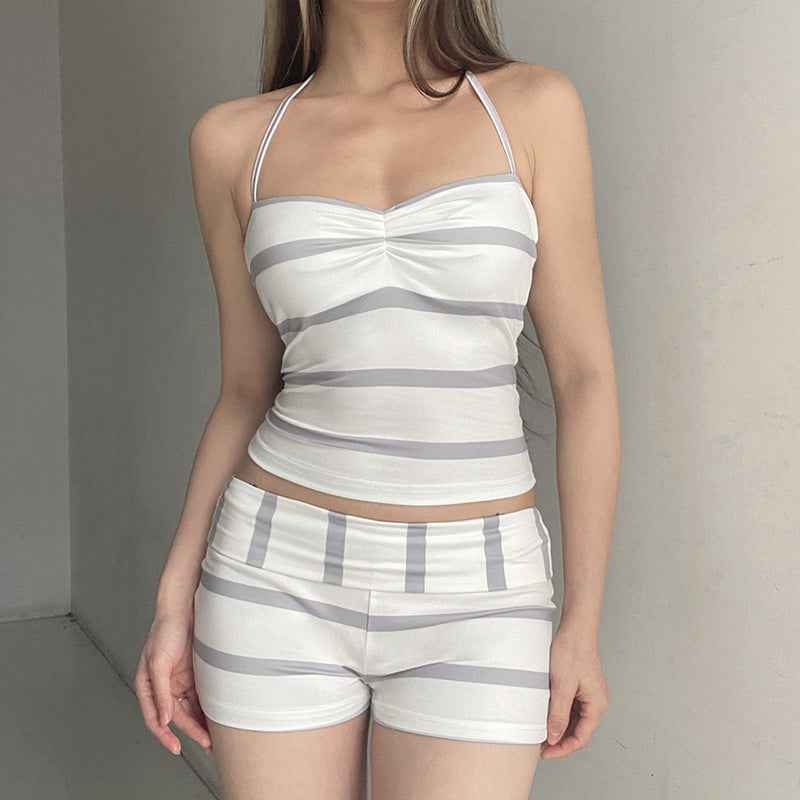 Casual Vacation Printed Striped Contrast Color Halter Lace up Vest Waist Shorts Two Piece Sets