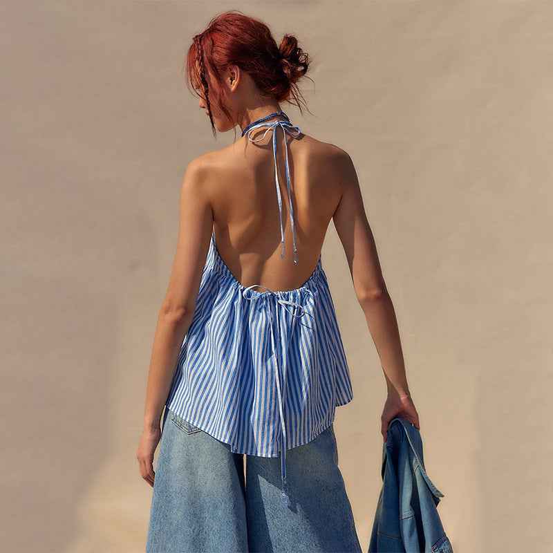 Summer Women Wear Striped Lace up Backless Women Top Sexy