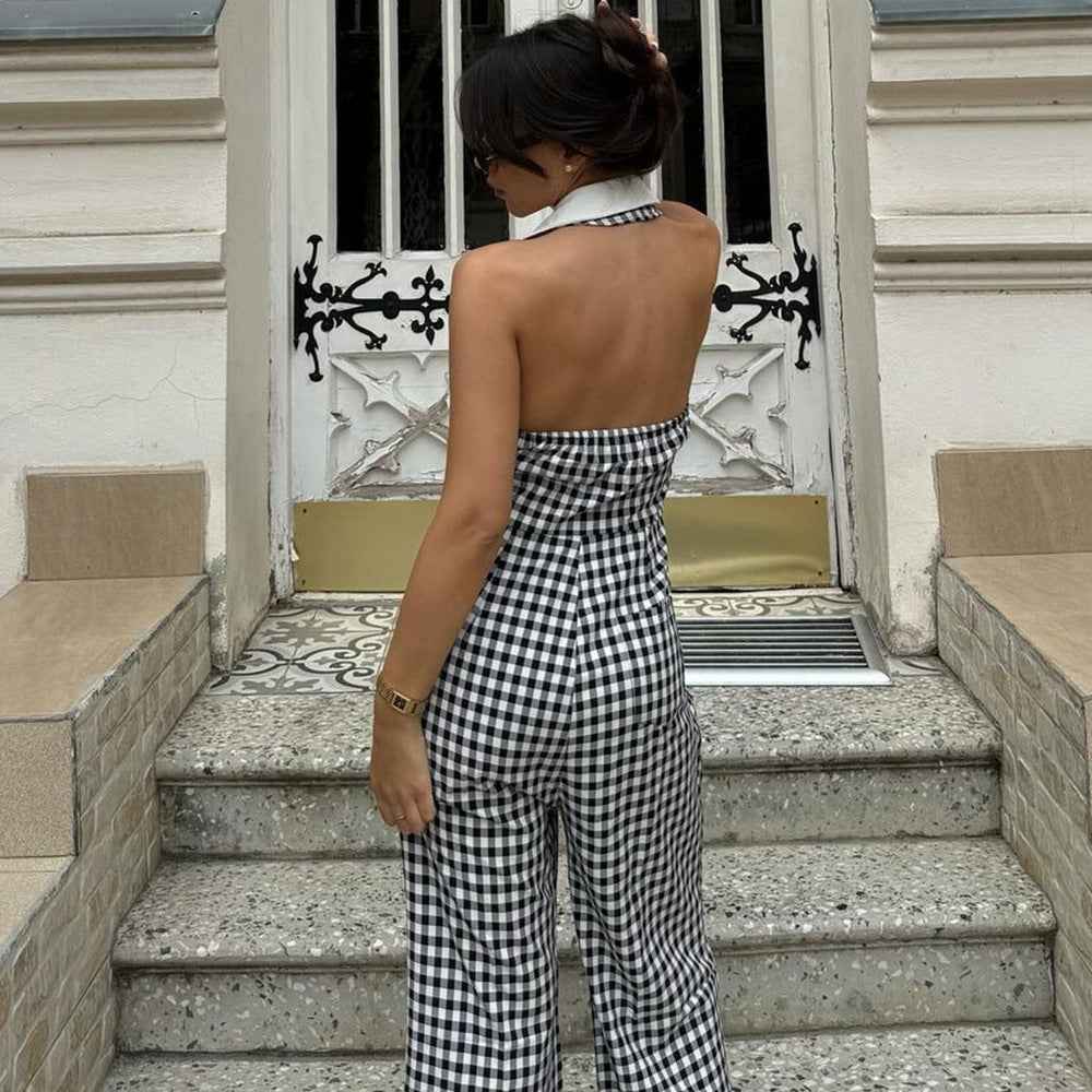 Sexy Backless Hollow Out Cutout out Loose Waist Blouse Collar Zipper Plaid Jumpsuit Wide Leg Pants