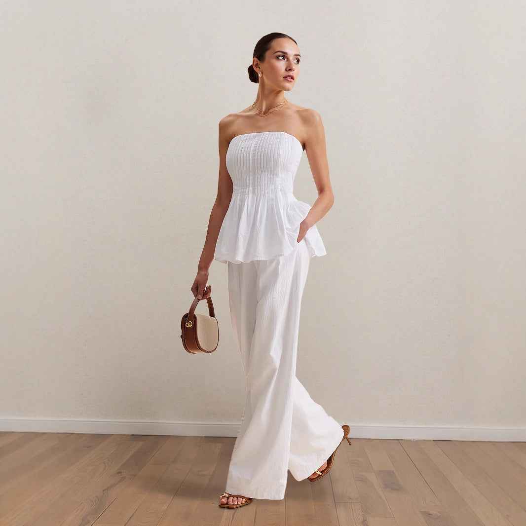 Professional Spring Summer White Casual off the Shoulder Top Trousers Tube Top Simple Office Women Clothing
