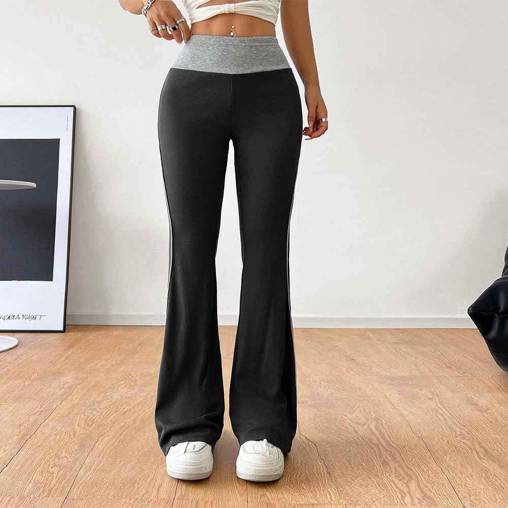 Women Clothing All Match Office Tight Casual Pants Autumn Winter Elastic Waist Contrast Color Wide Leg Pants - ALZO