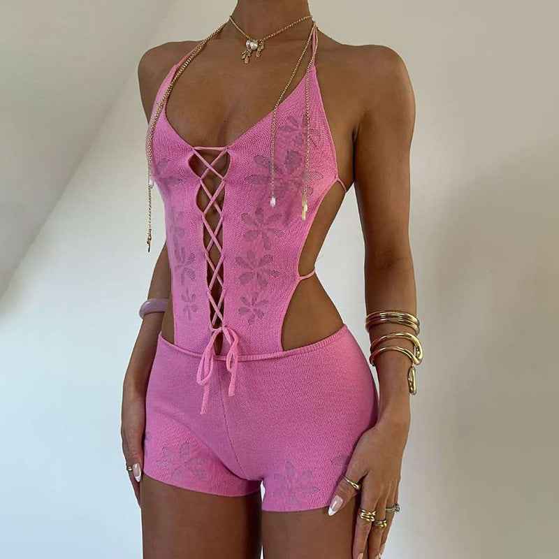 Women Clothing Spring Summer Knitted Sexy Cutout Solid Color Halter Lace up Backless Siamese Shorts Women