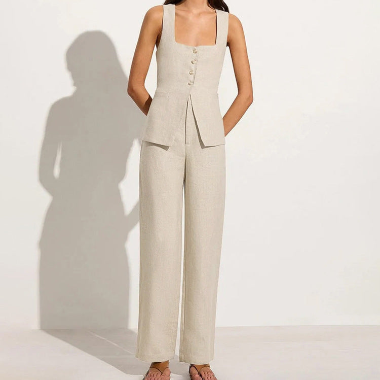 Cotton Linen Women Office Sleeveless Square Collar Lace up Vest Jacket High Waist Wide Leg Pants Two Piece Set - ALZO
