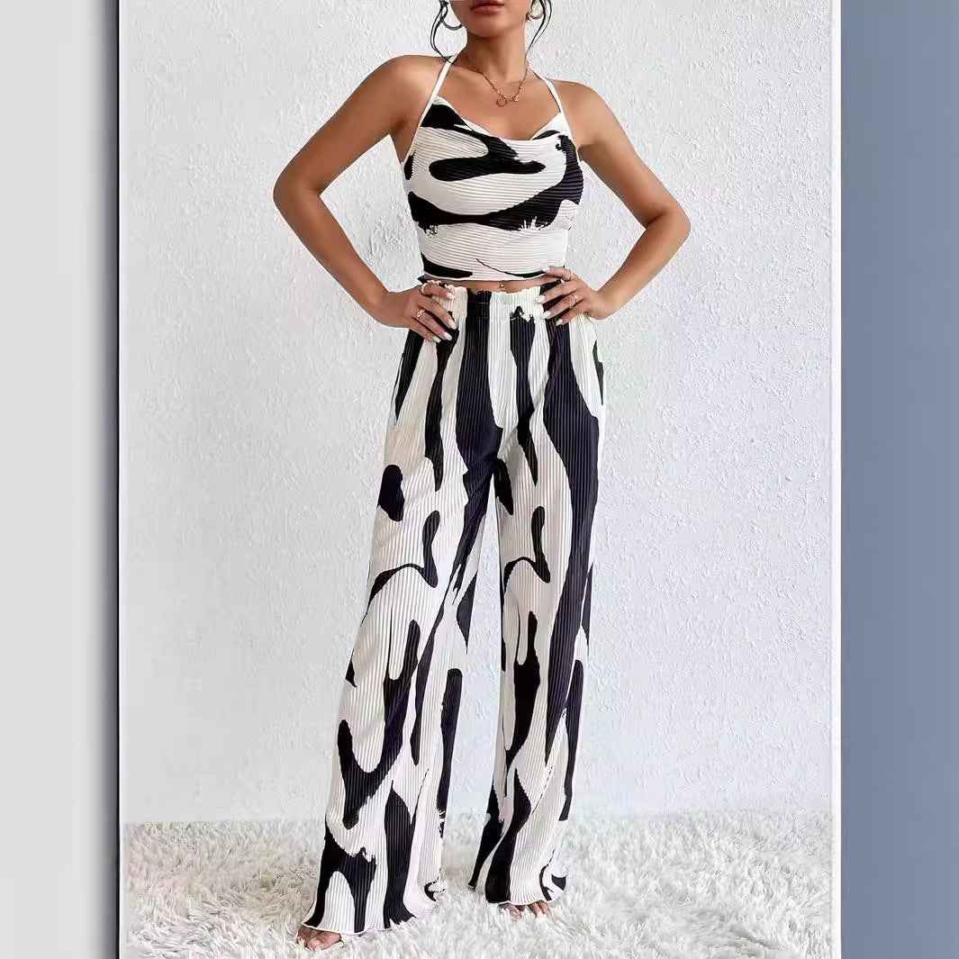 Women Clothing Summer Big Pit Stripe Printed Halter Wide Leg Trousers Casual Sets