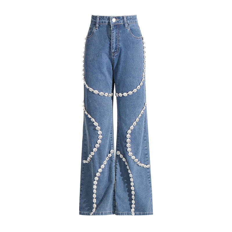 Personality Jeans Women Spring Trendy Ring Rhinestone Stitching Design Straight Pants - ALZO
