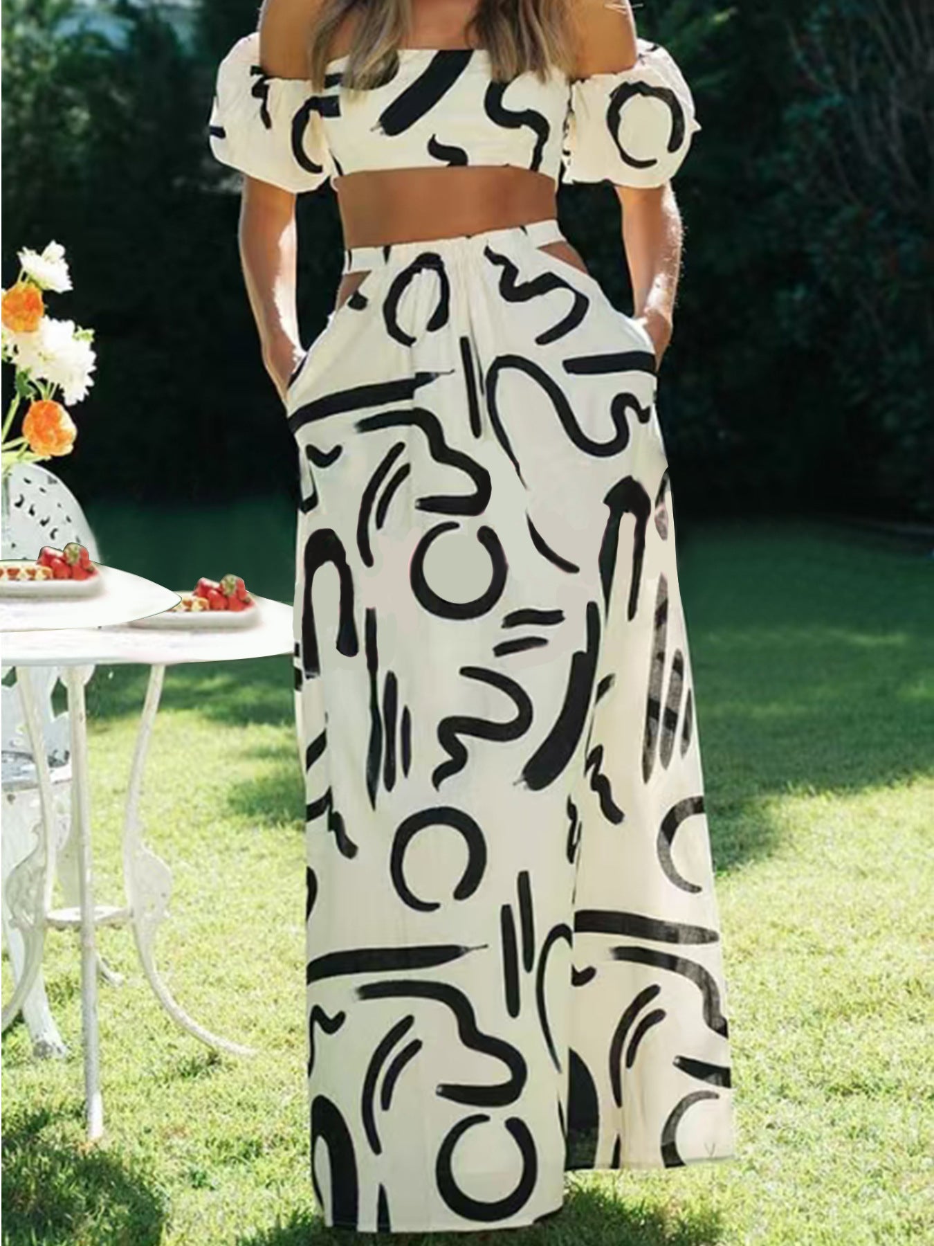 Women Summer Puff Sleeve Top Hollow Out Cutout out Large Swing Dress Split Skirt Set - ALZO
