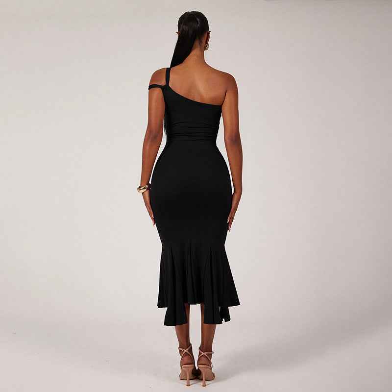 Women Sexy Ladies Dress Solid Color Basic One Shoulder Cut out Ruffled Irregular Asymmetric Tube Top Dress