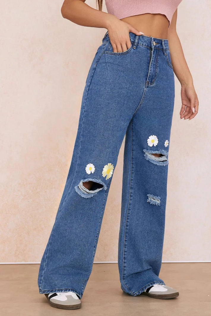 Women Wear Daisy Embroidery Ripped Loose Wide Leg Denim Trousers Women Jeans - ALZO