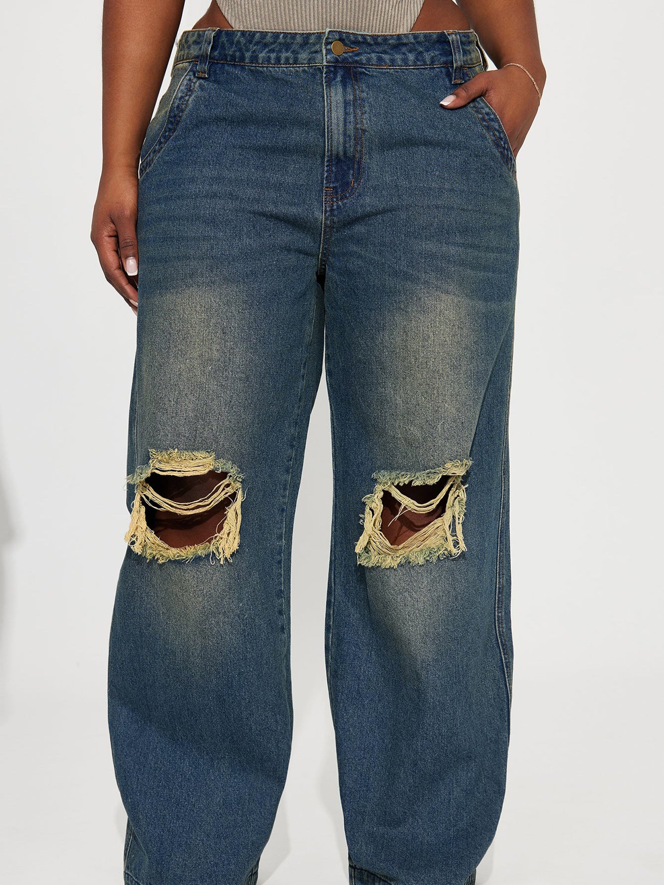 Women Retro Heavy Duty Washed Knee Ripped Wide Leg Denim Trousers - ALZO