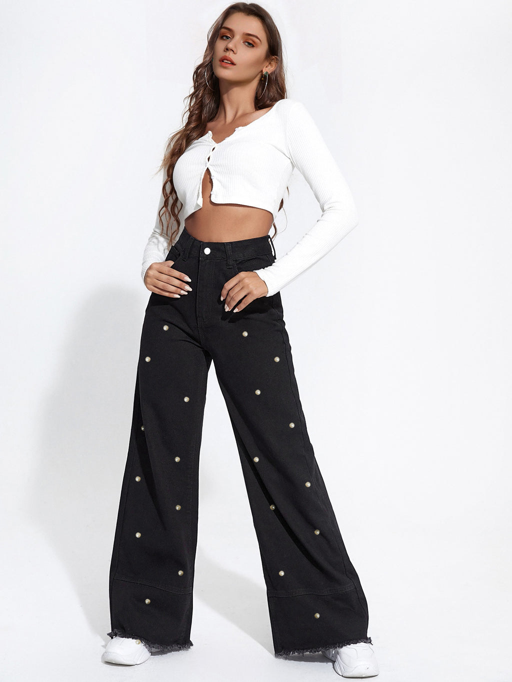 Spring Summer Pearl Pants Black Rough Edges Stitching Tassel Wide Leg Jeans - ALZO