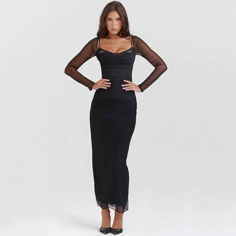 Autumn Long Sleeve Spaghetti Strap Dress Women Sexy Backless Tight Split Maxi Dress