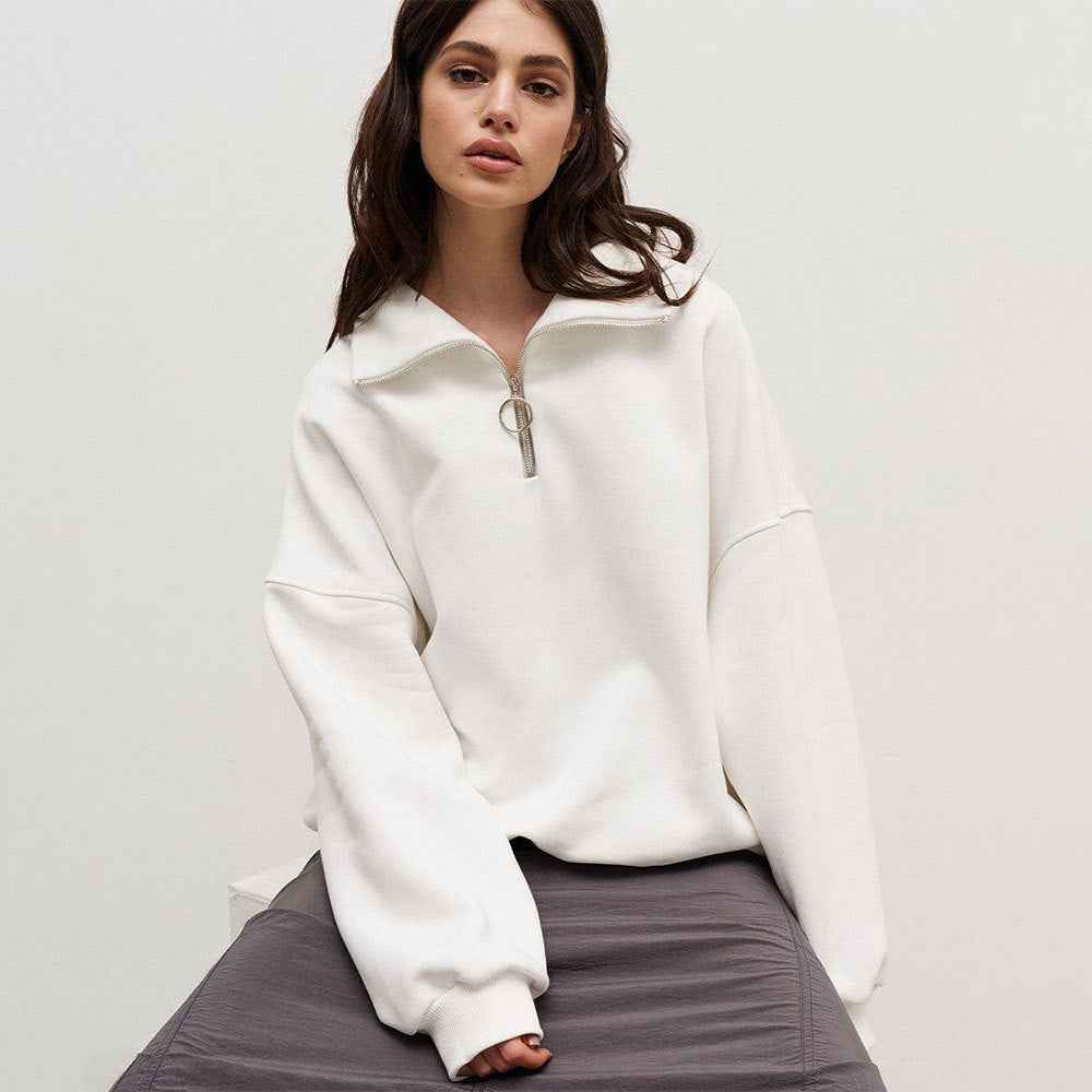 Collared Sweatshirt Autumn Winter Women Unisex Street Loose Lapels Zipper Sweatshirt