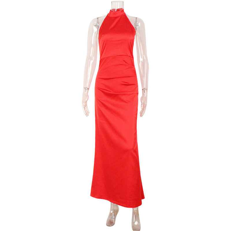 Elegance Sleeveless Halter Slim Fit Backless Satin Fashionable Simple Fishtail Hip Dress