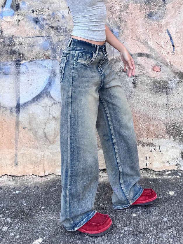 Ladies Loose Back Pocket plus Fold Front Pocket Seam Denim Wide Leg Non Elastic Trousers - ALZO