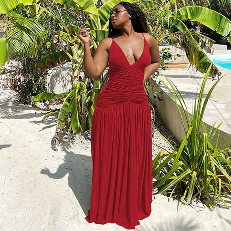 Summer Women Clothing V neck Brace Sexy Mesh Stitching Pleated Slim Fit Dress