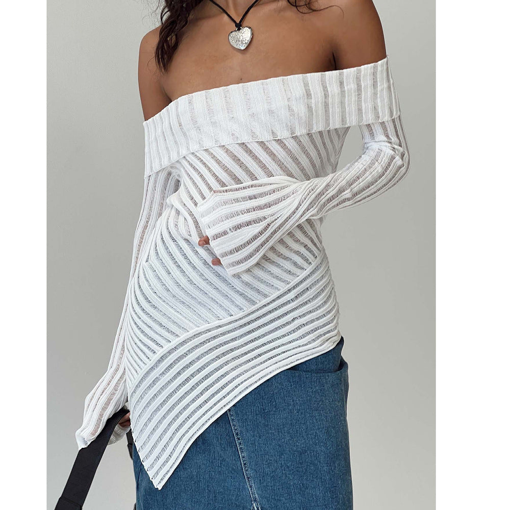 Fall French off the Shoulder Long Sleeve Design Knitted Woolen Slim Fit Outerwear Top Women - ALZO