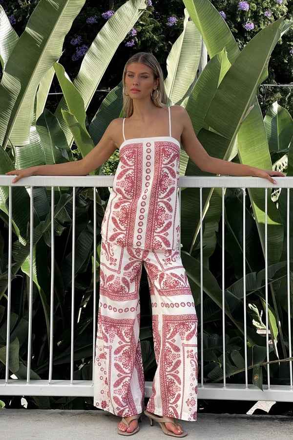 Summer Positioning Printing Loose Casual Sling Top Wide Leg Straight Pants Set