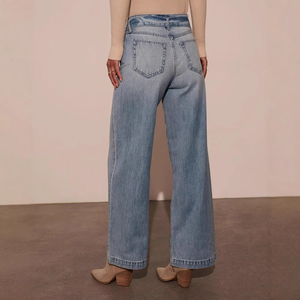 Women High Waist Lace up Washed Straight Wide Leg Jeans - ALZO