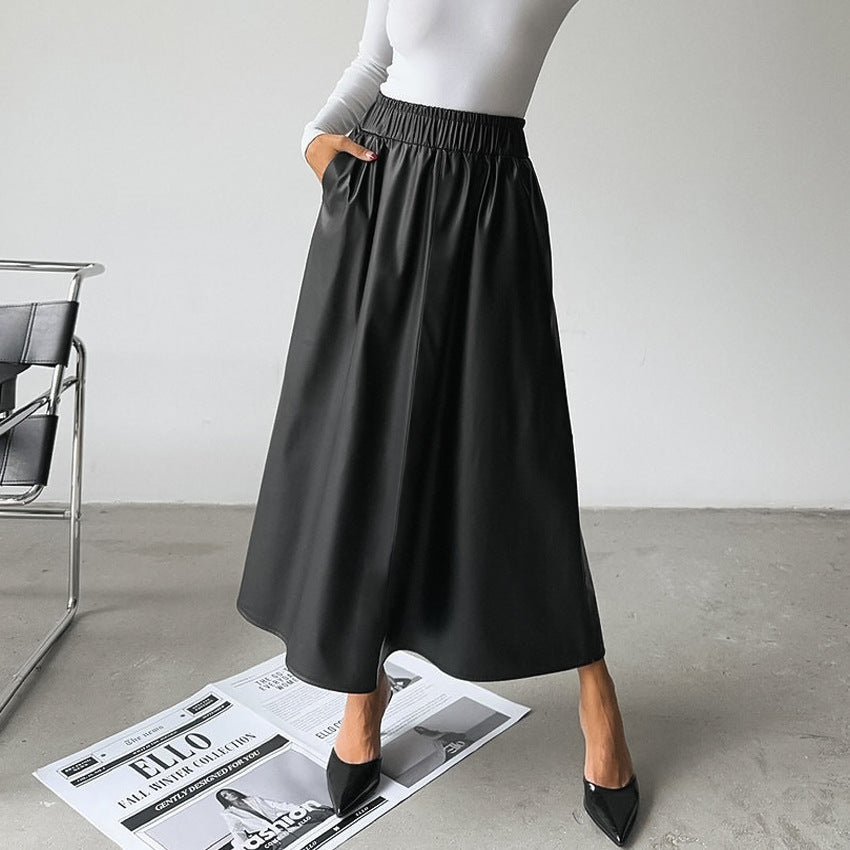 Wine Red Fleece lined Artificial Leather a Swing High Waist Skirt Autumn Winter Leather Skirt - ALZO