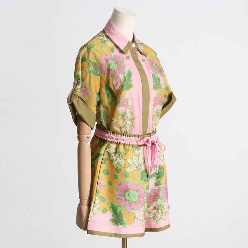 Summer Unique Print Design Shirt Top Casual Shorts Suit Women Two Piece Suit