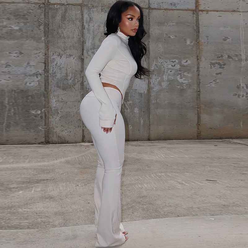 Women Slim Fit Pleated Zipper Solid Color Cropped Blouse Pants Long Sleeve Stand Collar Loose Trousers Two Piece Set