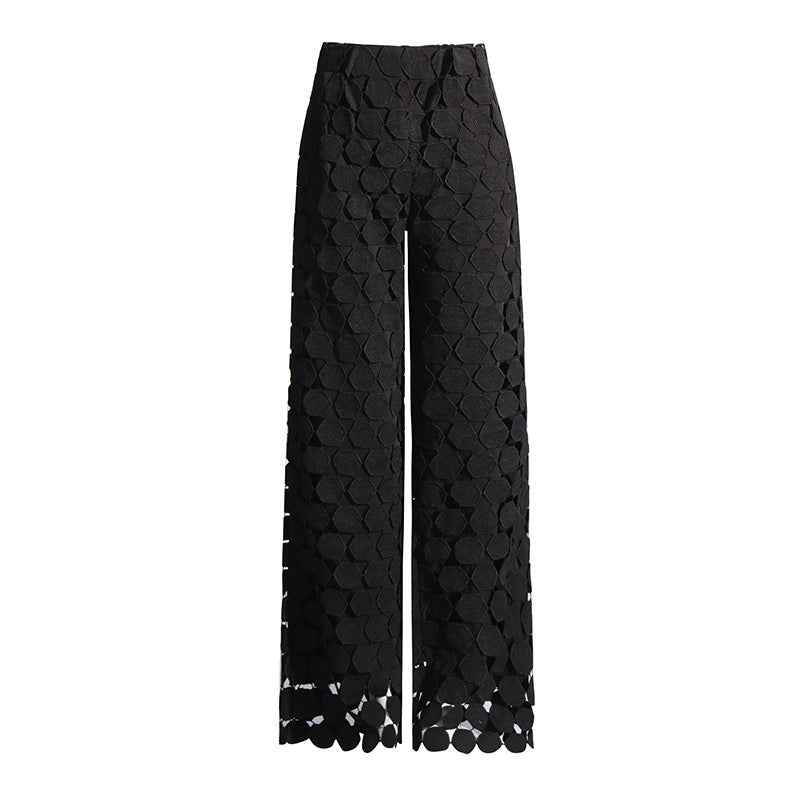 Fashionable Elegant round Design Tassel Hollow Out Cutout out Embroidered High Waist Wide Leg Pants Spring Straight Trousers