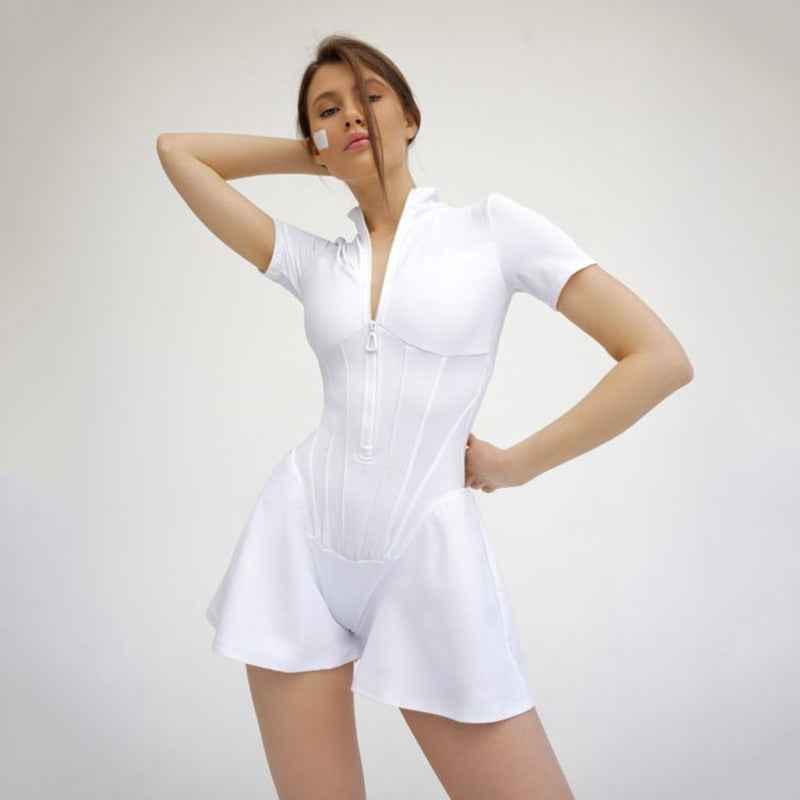 Sexy Tight Short Autumn Women round Neck Short Sleeve Zipper Bottoming Shirt Romper