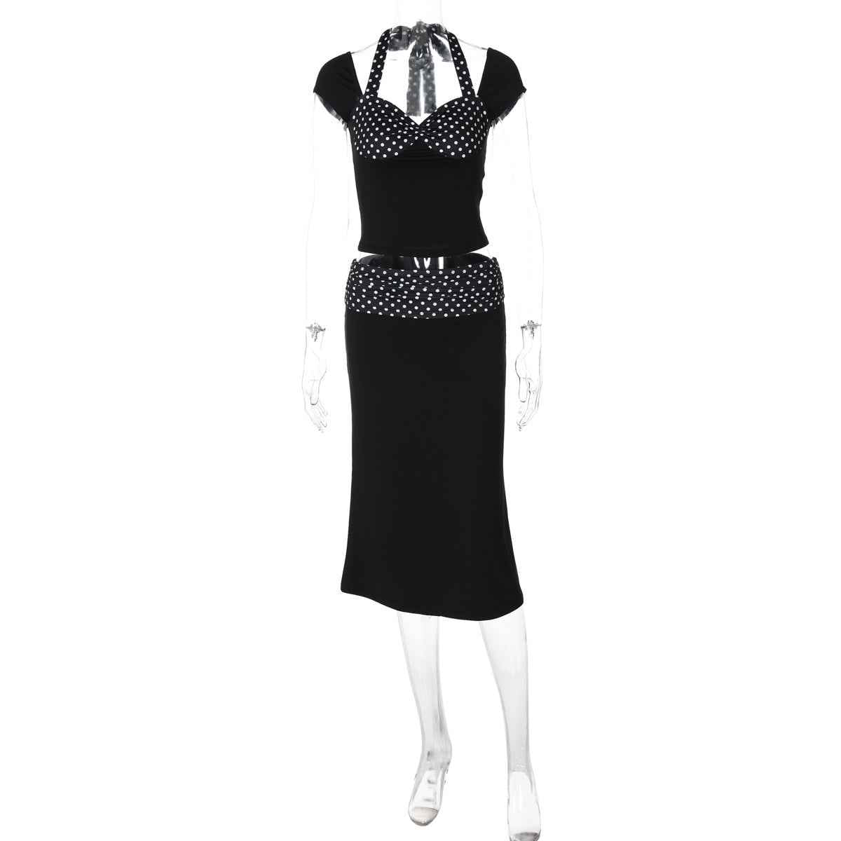 Women Clothing Summer Lace up Halterneck Short Sleeved Top Polka Dot Stitching Skirt Two Piece Sets Women