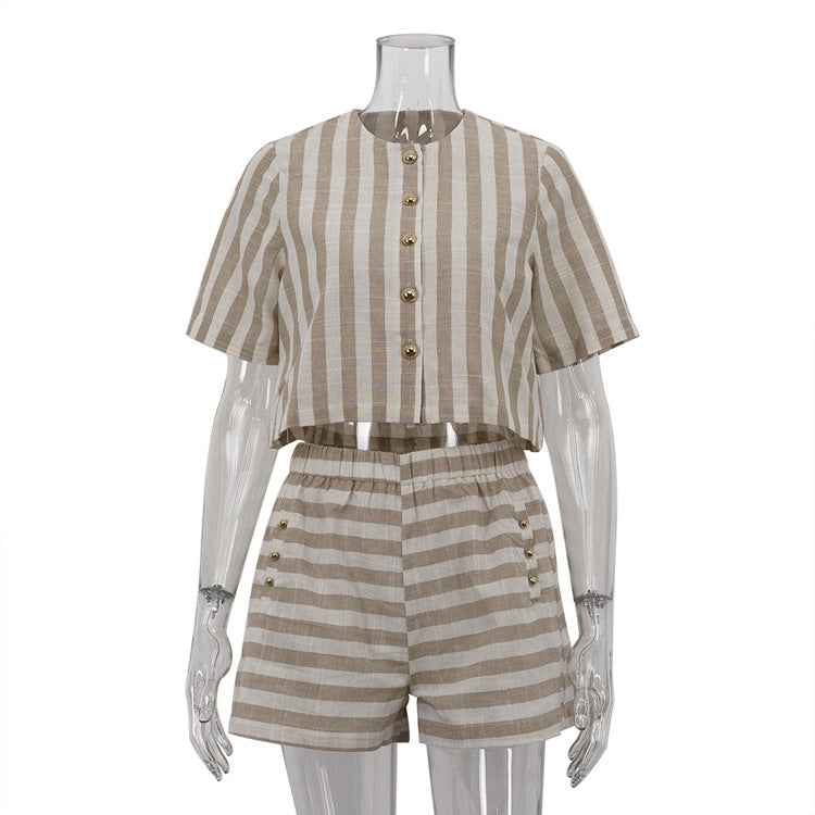 Women Clothing Short Sleeve Striped Shirt Shorts Suit Loose Breathable Two Piece Set