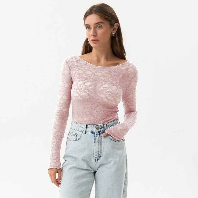 Women Clothing Autumn Winter Lace Transparent Basic Casual Elegant Top Base