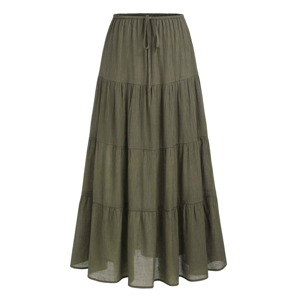 Women Clothing Cotton Skirt High Waist Elastic Lace up Large Swing Skirt Loose Patchwork Maxi Women