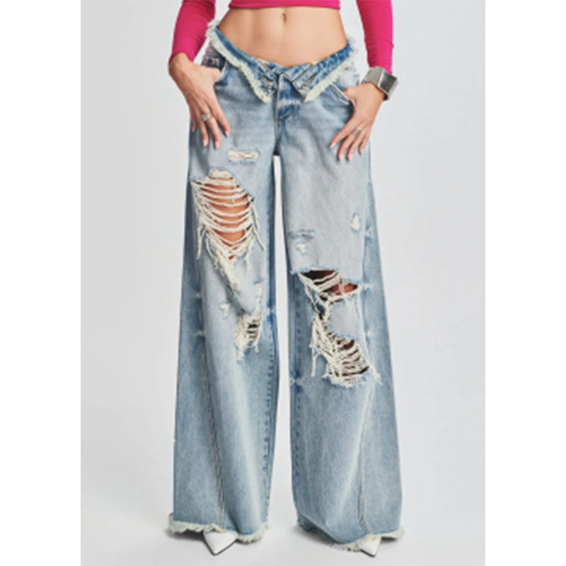 Ladies Jeans Ripped Irregular Asymmetric Side Turn Waist Wide Leg Trousers Women - ALZO