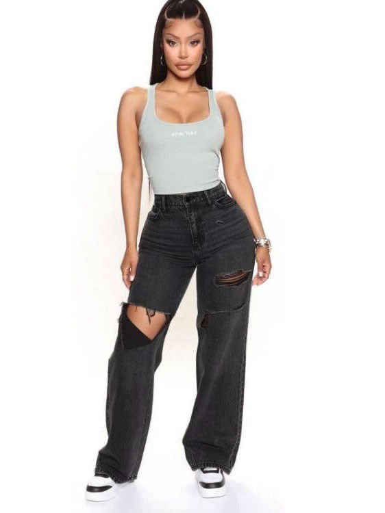 Black Gray Women High Waist Ripped Jeans Baggy Straight Trousers - ALZO