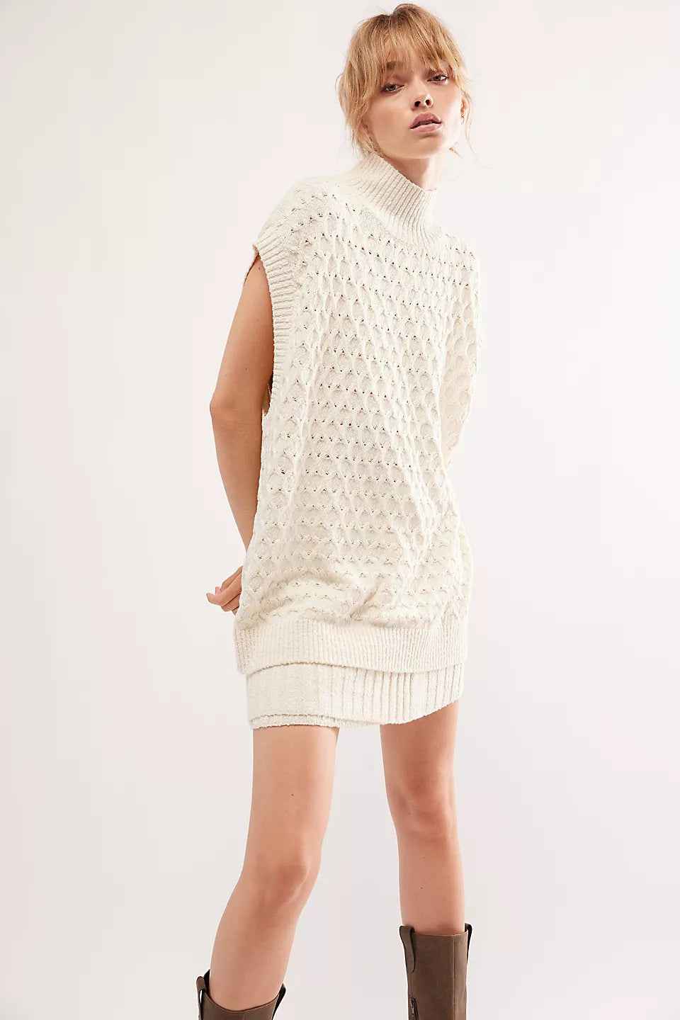 Autumn Winter Women Solid Color Sleeveless Casual Loose Woolen Top Sexy Skirt Two Piece Sets