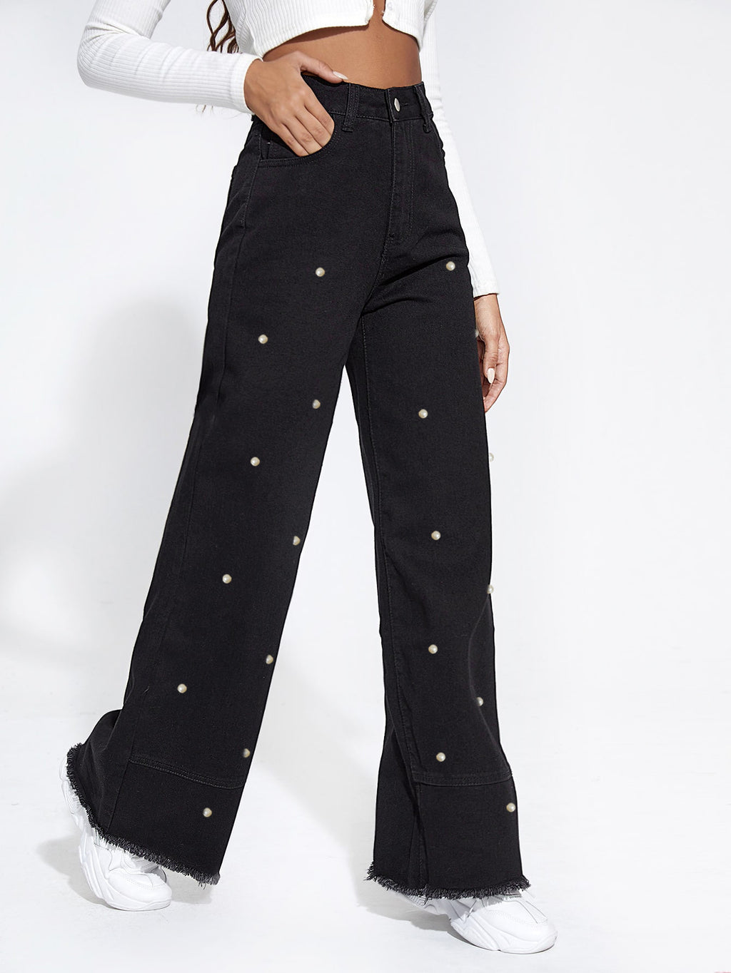 Spring Summer Pearl Pants Black Rough Edges Stitching Tassel Wide Leg Jeans - ALZO