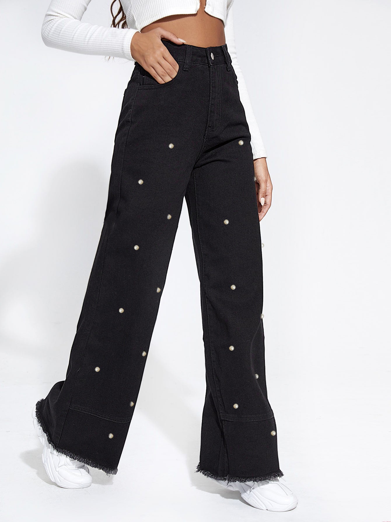Spring Summer Pearl Pants Black Rough Edges Stitching Tassel Wide Leg Jeans - ALZO