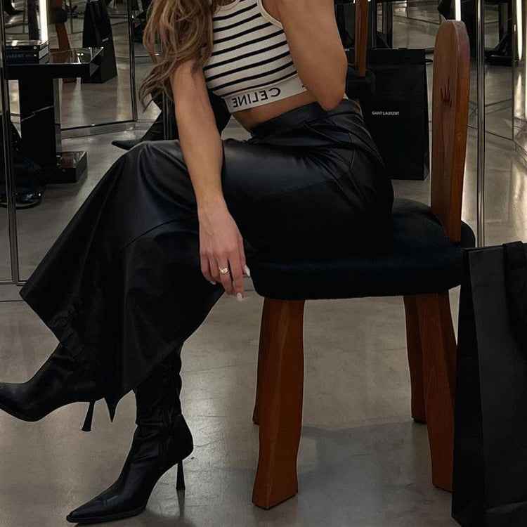 Autumn Winter Women Clothing Black Skirt Trendy Split Faux Leather Skirt Sheath Fishtail Dress