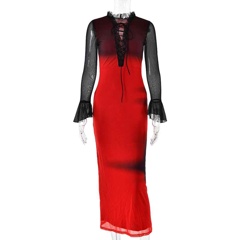 Autumn Lace up Ruffled Women Slim Fit Mesh See through Bell Sleeve Dress