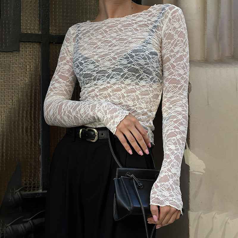 Women Clothing Autumn Winter Lace Transparent Basic Casual Elegant Top Base