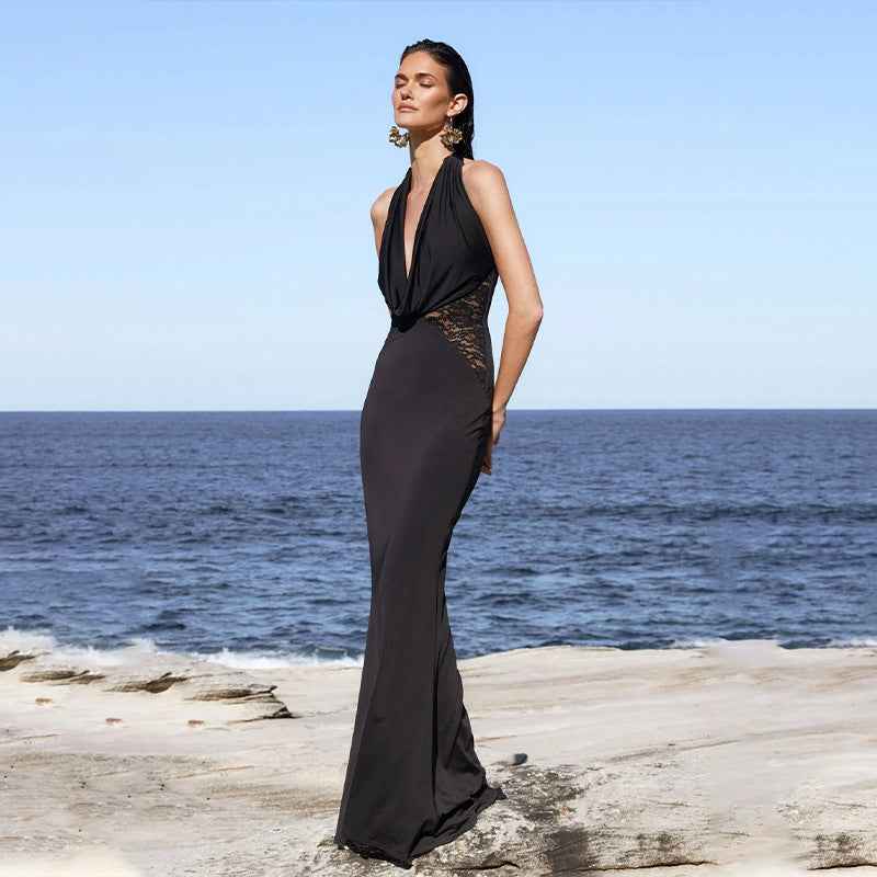 Dress Lace Stitching Elegant Halter V neck Backless Waist Trimming Slimming Fishtail Hip Dress Floor Length Dress