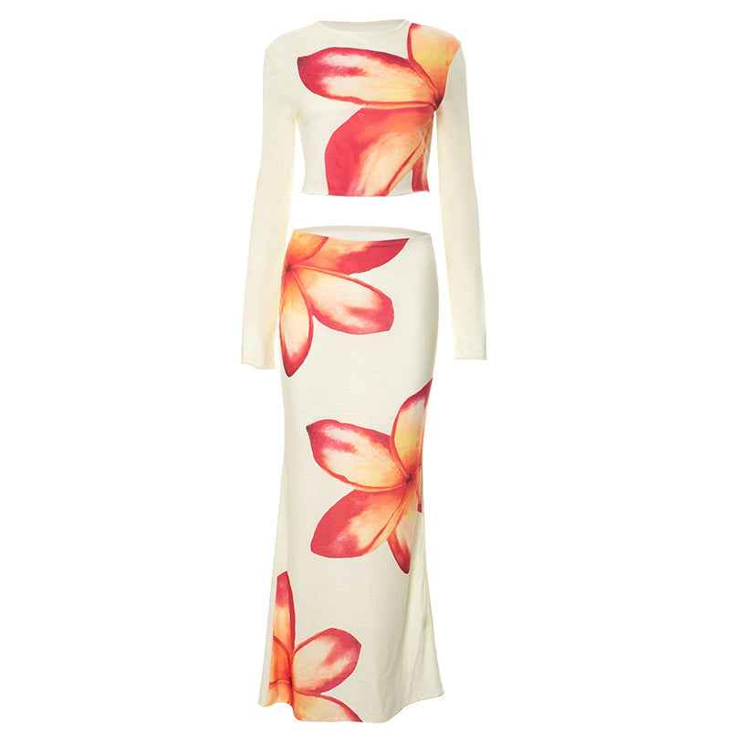 Women Summer round Neck Long Sleeves Cropped Top Half Length Skirt Printing Sets